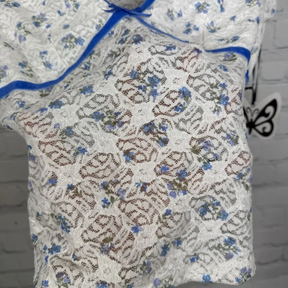 Coquette Y2K Sheer Lace Floral Blouse Junior Large Blue Trim Bow Top Romantic
